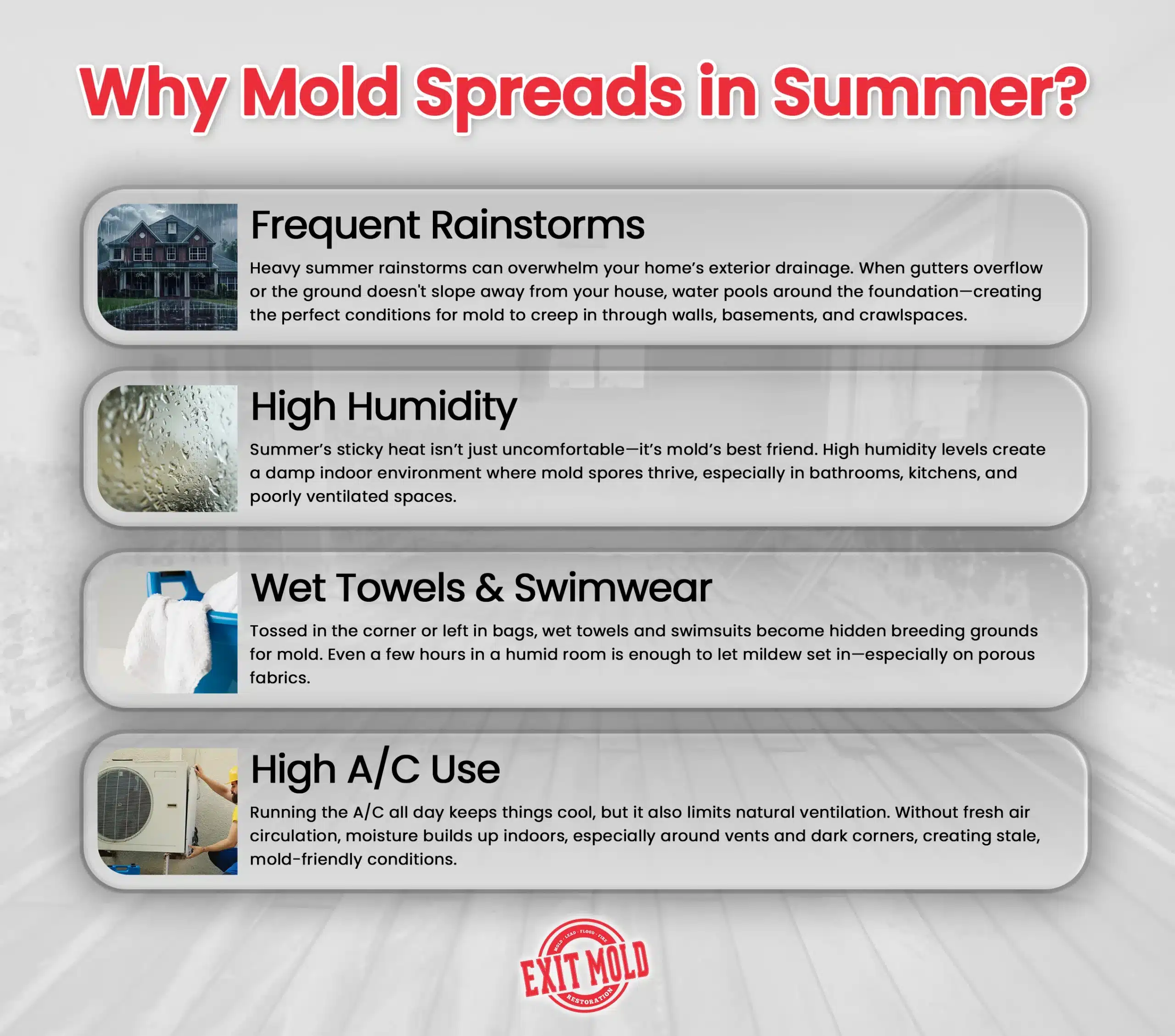 Infographic showing top reasons mold grows faster in summer