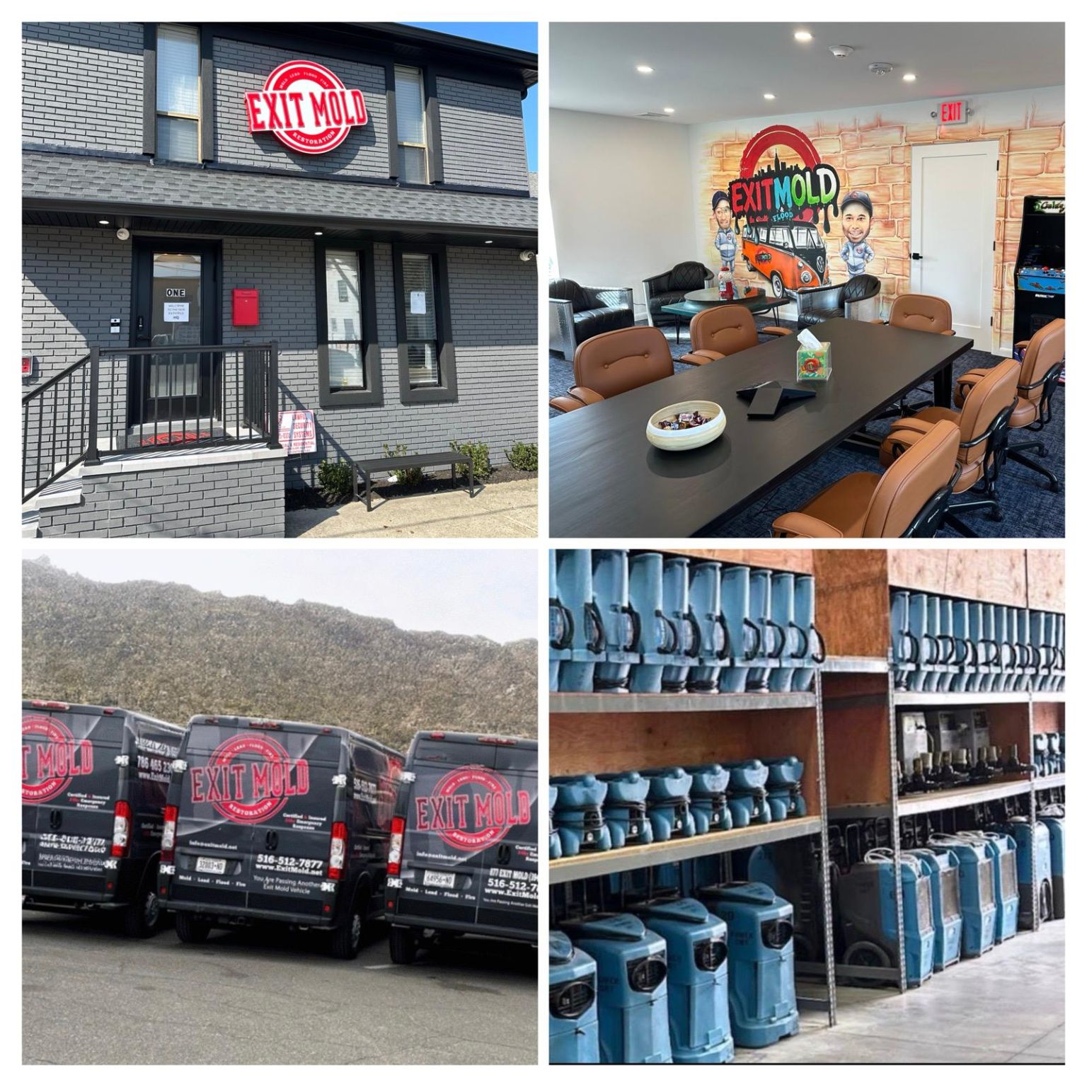 A collage of Exit Mold's office, warehouse with equipment, conference room, and service vans